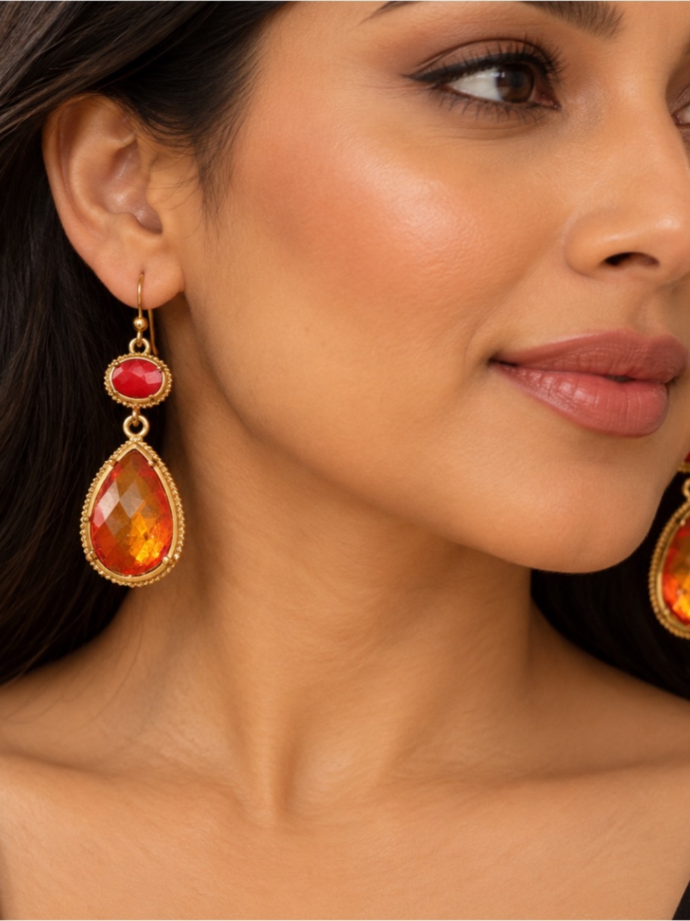 Gold Orange Teardrop Dangle Earrings - Red & Orange